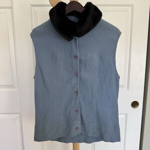 Vintage Talbots Women Pure Wool Vest Blue Faux Fur Collar Sz L 80s Old Money